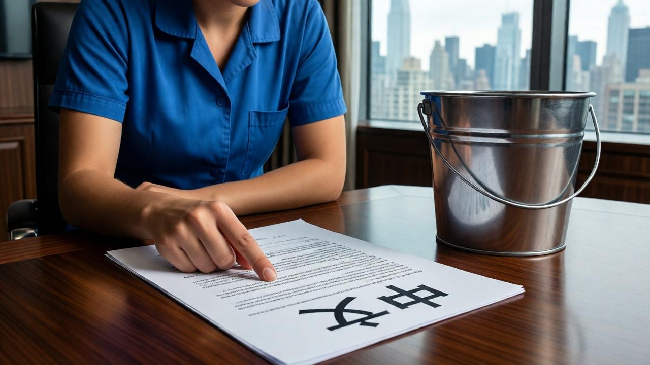 Close-up: A young woman's hands in a simple blue cleaner's uniform rest on a mahogany table in a luxurious conference room. Her fingers point to a line of Chinese text in a voluminous contract. A metal cleaning bucket stands nearby, creating a stark contrast. Style: Photorealism, dramatic lighting from a large window with a view of Manhattan, warm tones of wood and cool tones of metal. Dynamic composition, side angle, focus on the hands and text.