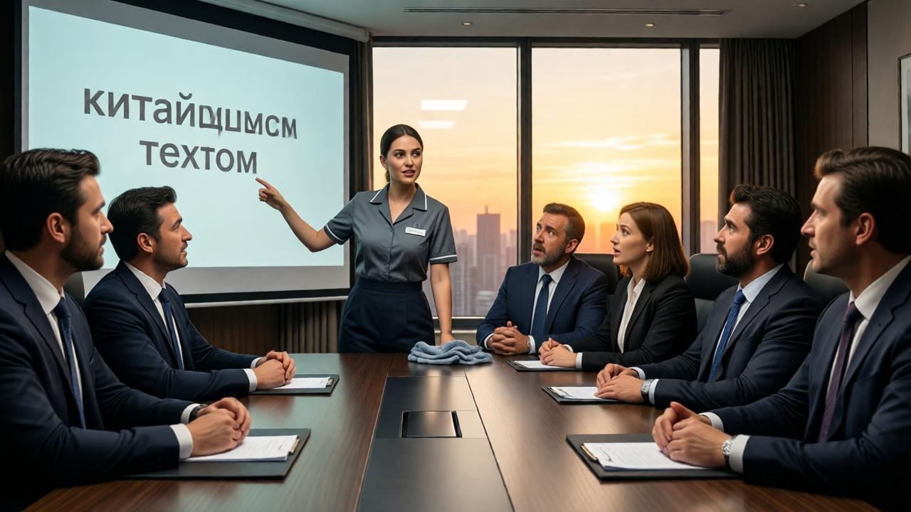 Scene in a modern conference room with a panoramic window. A young woman in a cleaner's uniform (Clara) stands confidently at the head of the table, explaining something while pointing to a projection of Chinese text on the wall. Ten lawyers in expensive suits, including a stunned Leonardo, listen to her intently. Some have their mouths agape. Her cleaning rag still lies on the table next to her. Style: Cinematic, contrast between her simple attire and the luxury of the surroundings. Warm sunset light outside the window bathes the room in golden tones. Low-angle composition to emphasize her new status.