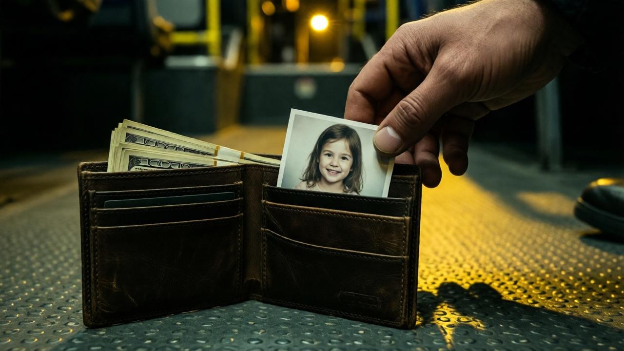 A dramatic, cinematic close-up of the worn leather wallet open on the bus's rubber floor, under the dim yellow night bus lights. Inside, thick bundles of cash are visible, but the focus is on a small, slightly faded photograph of a smiling little girl peeking from behind a business card. A man's rough, calloused hand hesitates above it, casting a long shadow. The mood is tense and morally charged, with high contrast lighting emphasizing the choice between wealth and conscience.
