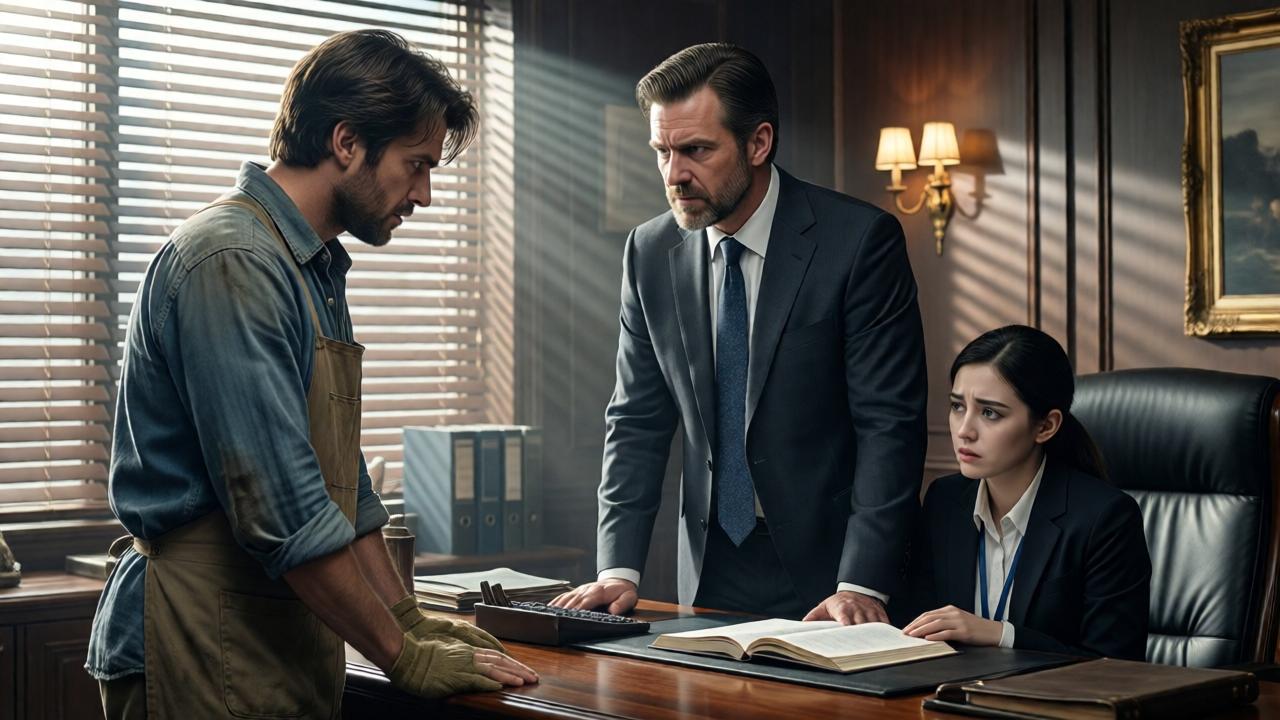 A medium shot inside the luxurious office. The wealthy businessman, Mr. Thorne, stands tall with a transformed expression—cold anger melting into pensive realization—as he looks from the humble, honest cleaner in worn clothes to the guilty station employee who is shrinking back behind the desk, face pale with fear. The early morning light streams through blinds, creating dramatic stripes of light and shadow across the scene, symbolizing the revelation of truth. The composition frames the three men in a tense triangle.