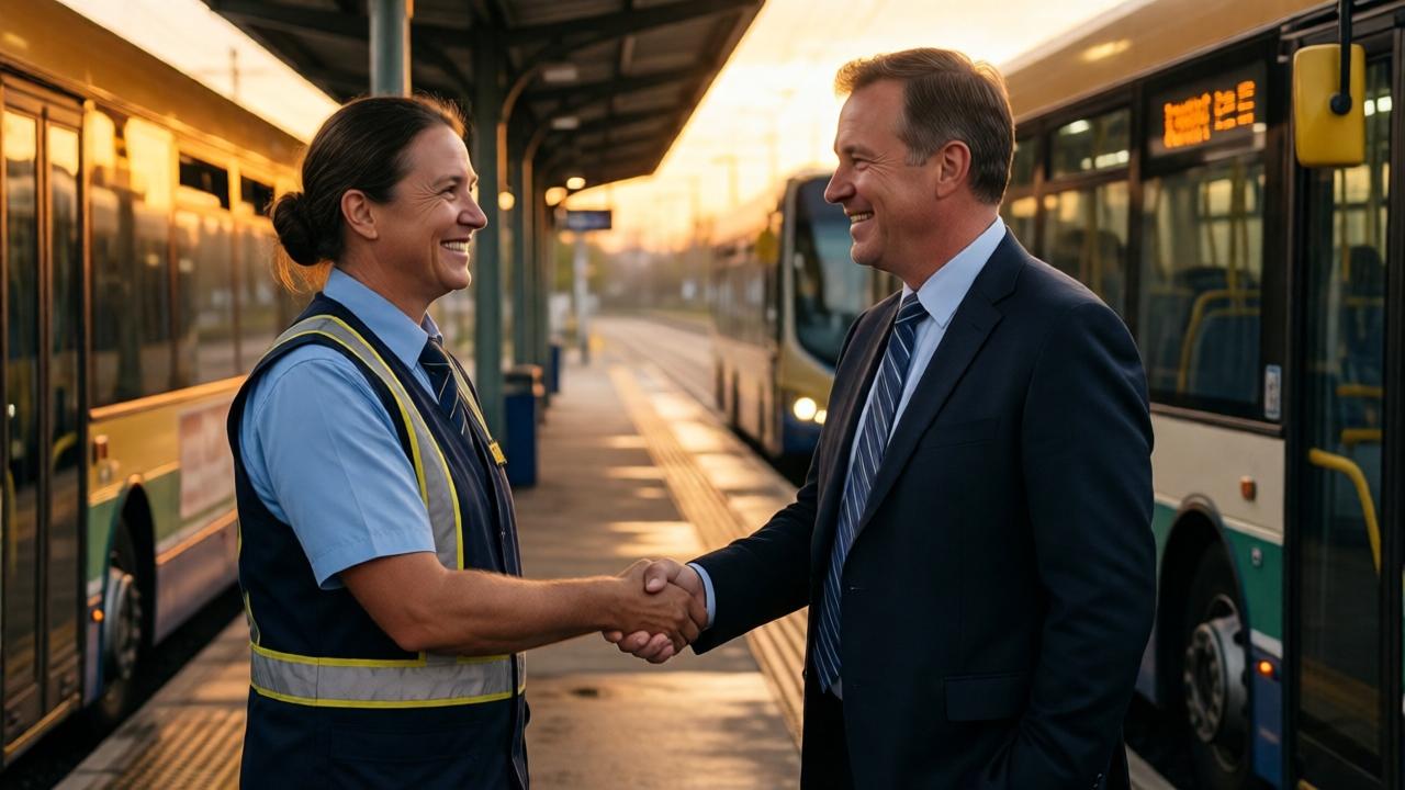 A hopeful, warm-toned evening scene at the bus station platform. The former cleaner, now dressed as a supervisor, shares a genuine, smiling handshake with Mr. Thorne, the businessman. In the soft golden hour light, they stand as equals, with cleaned buses in the background. The mood is uplifting and redemptive, focusing on mutual respect and new beginnings. The composition uses leading lines from the platform to draw the eye to their connected hands.