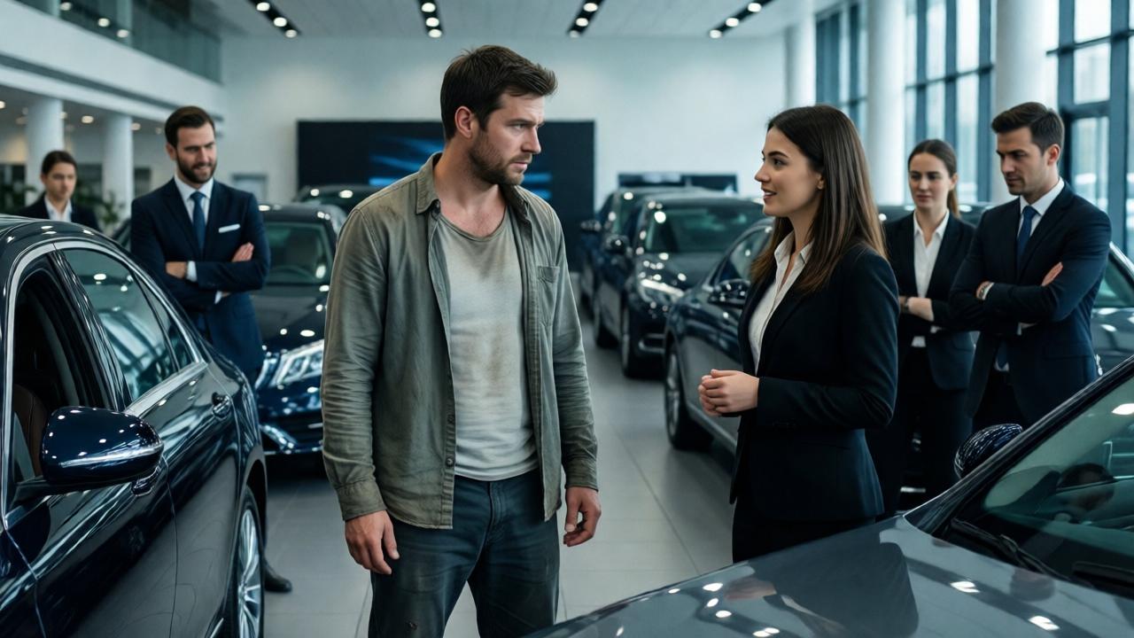 A cinematic scene inside a sleek, modern luxury car dealership. A man in simple, worn clothing stands awkwardly in the center, surrounded by polished cars under bright showroom lights. A young female saleswoman with a kind expression is speaking to him, while in the background, a smug manager and other staff members look on with disdain and amusement. The mood is tense and humiliating, with cool lighting and reflections on the car surfaces. Shot from a medium angle to capture the social dynamics.