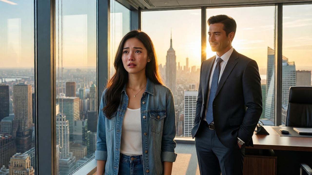 A powerful scene in a breathtaking CEO's office on the top floor of a skyscraper. The man from the dealership, now in an expensive suit, stands confidently by a floor-to-ceiling window overlooking a majestic city skyline. A young woman, dressed modestly, stands in the center of the room looking awestruck and emotional, with tears glistening in her eyes. The morning sun streams in, creating a hopeful, warm glow. The composition emphasizes the vast power dynamic and the emotional revelation.