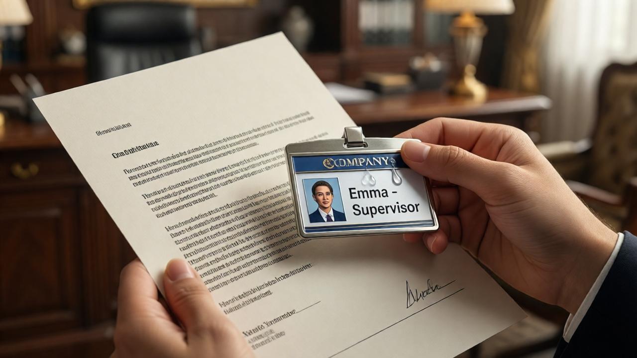 A close-up, emotional shot of the young woman's hands holding a new, shiny company badge and a formal letter on high-quality paper. One tear falls onto the badge, which reads 'Emma - Supervisor'. The background is softly blurred, but the luxurious office decor is still visible. The lighting is warm and highlights the texture of the paper and the metal of the badge, symbolizing hope, reward, and a new beginning.
