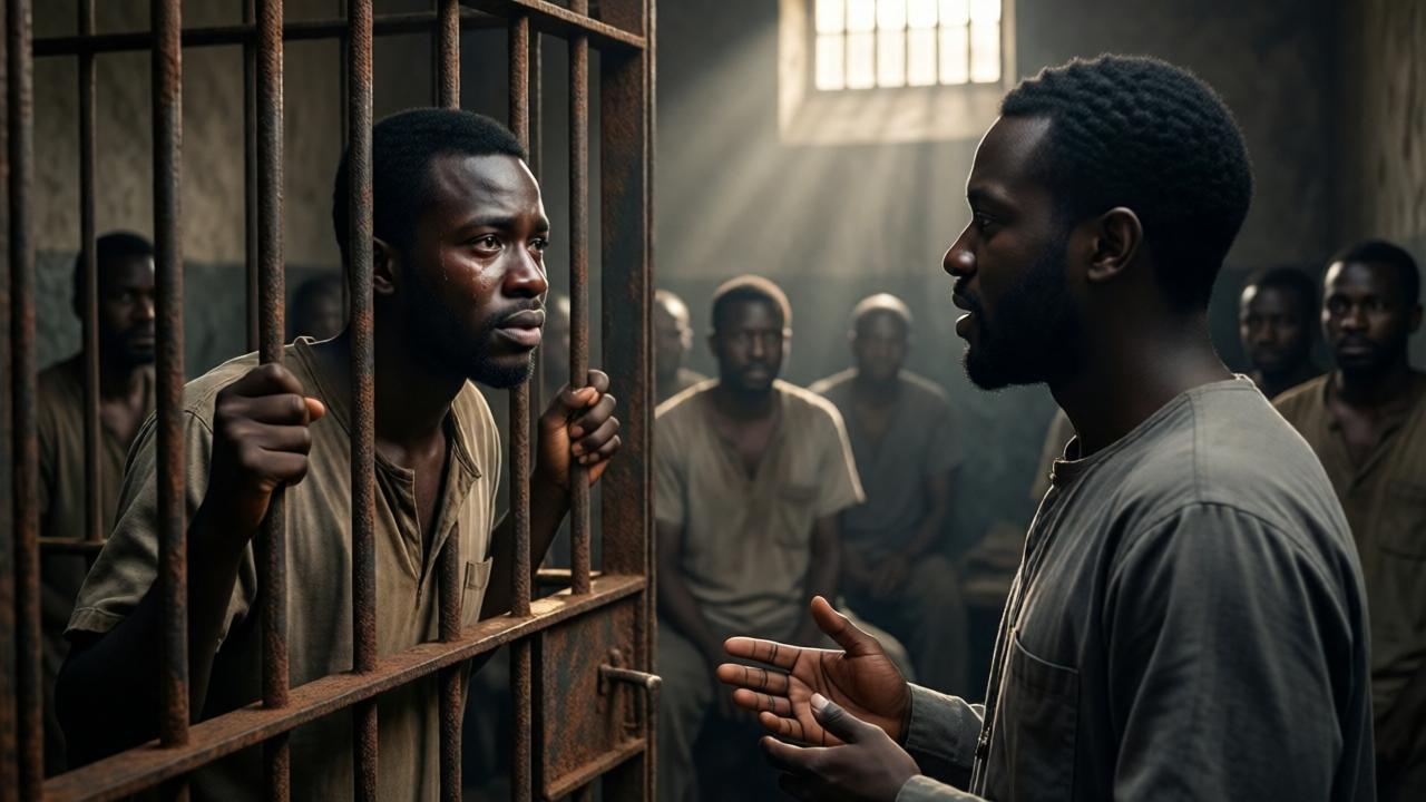 A dramatic scene inside a dimly lit prison common area. A young African man, Bhumi, with a look of desperate hope, grips the rusted bars of his cell door. Light from a high, barred window falls on his tear-streaked face. In the foreground, a missionary in simple clothes pauses his speech, turning with compassion towards the prisoner. Other inmates are blurred in the background, watching intently. The style is photorealistic with high contrast, mood is poignant and charged with emotion, colors are muted greys and browns with a beam of warm, golden light highlighting Bhumi.