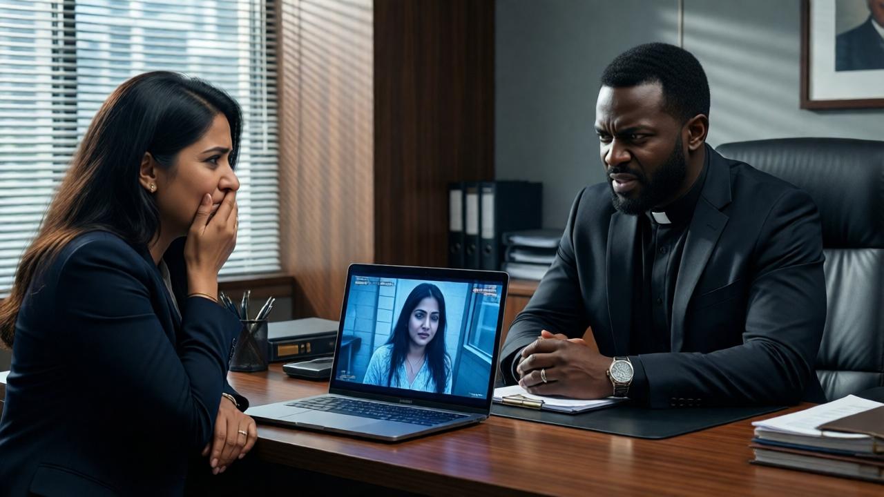 A tense scene in a modern law office. Bhumi's well-dressed parents sit across from a determined lawyer and Pastor Samuel. A laptop screen on the desk shows paused, grainy CCTV footage clearly showing Priya's act of betrayal. The mother has a hand over her mouth in horror, the father's face is a mask of anger and grief. Late afternoon light slants through blinds, creating dramatic shadows. Style is cinematic realism, mood is intense and revelatory, color palette is cool with accents of warm wood and the blue glow of the monitor.