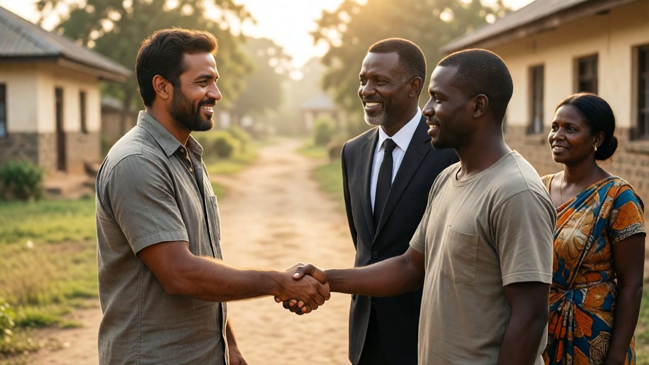 A hopeful, sun-drenched scene outside a community center. Bhumi, now looking peaceful and strong, shakes hands with a former inmate, offering support. Pastor Samuel stands beside him, smiling. Bhumi's parents watch from a short distance with proud, relieved expressions. The style is warm and inspirational, with soft, golden-hour lighting. The mood is one of redemption and new purpose. The composition is wide, showing a path leading forward, symbolizing a new journey.