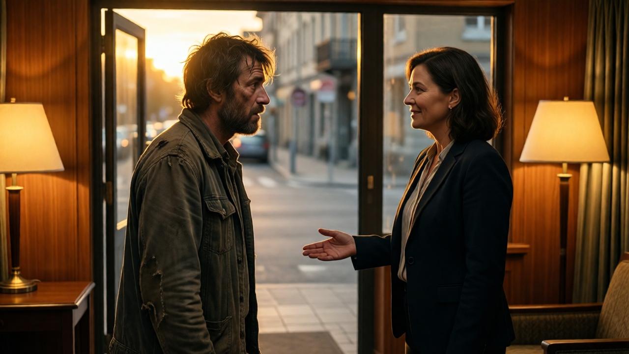 A cinematic, emotionally charged scene in a modest hotel lobby at dusk. A homeless man in tattered, dirty clothes stands just inside the doorway, backlit by golden light from the street, his face etched with exhaustion and tentative hope. A compassionate middle-aged hotel manager, Clara, stands before him with a warm, open expression, one hand slightly extended in welcome. The lobby is clean but simple, with warm wood tones and soft lamplight casting long shadows. The mood is one of profound human connection and quiet dignity. Shot with a shallow depth of field, focusing on their expressive faces.