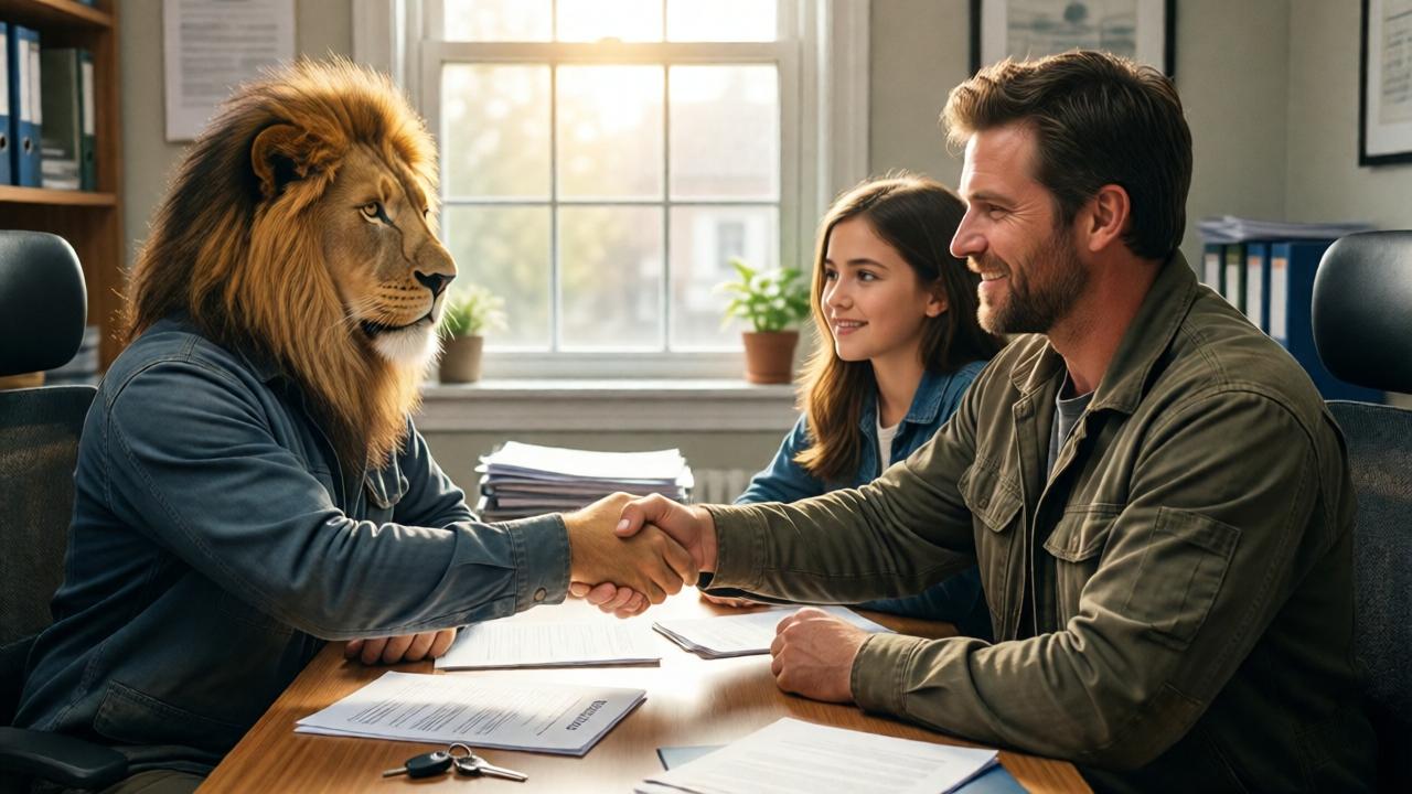An inspiring morning scene in a small business office. A cleaned-up and hopeful Leo sits across a desk from Clara and her brother Mark, a rugged man in work clothes. Sunlight streams through a window, illuminating a handshake between Leo and Mark, symbolizing a new beginning. Papers with a work contract and a set of keys lie on the desk. The mood is optimistic, professional, and full of potential. The style is bright and realistic, with a focus on the determined, hopeful expressions of all three individuals, capturing the moment a life trajectory is changed.