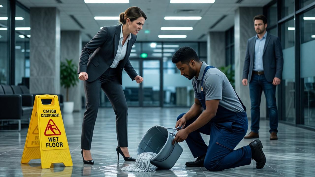 A dramatic scene in a modern corporate lobby. A well-dressed woman in a sharp suit and heels stands angrily over a kneeling janitor near a yellow 'Caution: Wet Floor' sign. A small mop bucket is tipped over, water spreading on the polished marble floor. The lighting is harsh fluorescent from above, casting sharp shadows. The woman's face is contorted in anger, while the janitor looks down calmly. In the blurred background, a man in casual business attire observes the scene intently. The mood is tense and confrontational, with a cool color palette of grays and blues.
