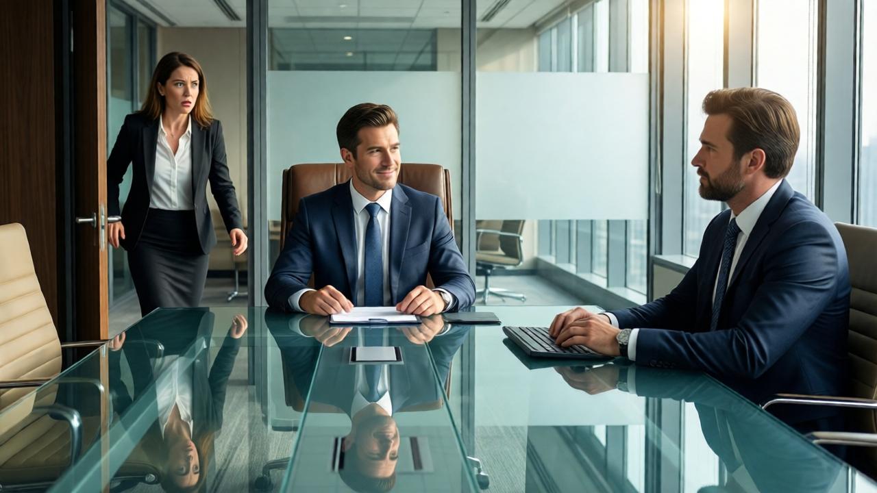 Inside a modern boardroom with a large glass table. A woman in business attire stands frozen in the doorway, her arrogant expression melting into shock. At the head of the table, the man from the lobby, now revealed as the new CEO Adam, sits calmly in a leather chair, a slight, knowing smile on his face. The outgoing CEO looks on with a mixture of disappointment and sternness. Sunlight streams through floor-to-ceiling windows, illuminating the tense scene. The composition uses leading lines of the table to focus on Adam. The mood is one of dramatic revelation and impending consequence.