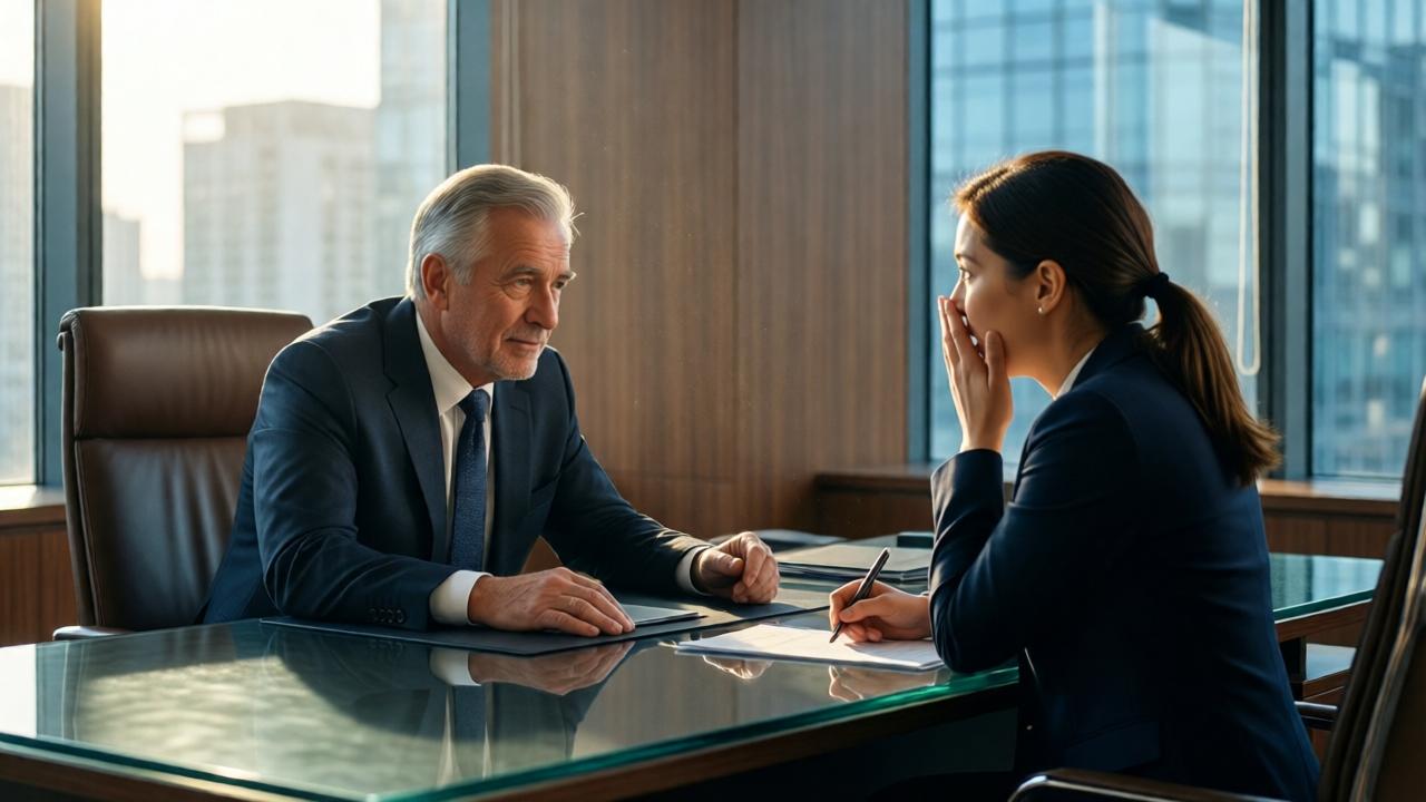 A powerful, cinematic scene in a modern CEO's office. The older CEO, now in a sharp suit, sits behind a large glass desk, leaning forward with a compassionate expression. Across from him, a woman in professional attire looks back, her hand over her mouth in shock and realization. Morning light streams through floor-to-ceiling windows, illuminating dust motes in the air and casting long shadows. The color palette is warm wood tones and cool blues, with a cityscape visible in the blurry background. The composition is intimate, focusing on their faces and the profound connection between them.