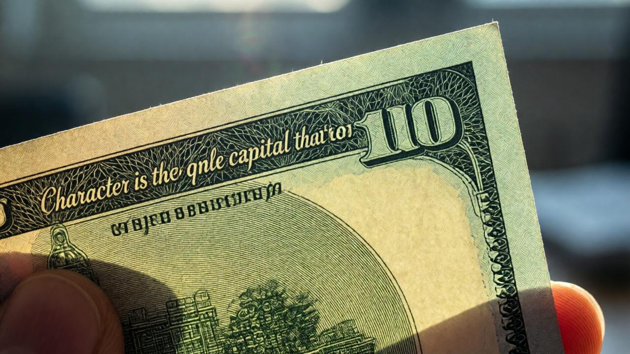 A close-up, macro photography shot of a US $100 bill held up to a bright light source. The viewer's focus is on the back of the bill, where tiny, elegant script is visible along the security strip, reading: 'Character is the only capital that never fails.' Fingers gently hold the edges of the bill. The lighting is dramatic and directional, causing the paper and ink textures to glow. The background is a soft, out-of-focus bokeh of an office environment. The style is detailed and symbolic, emphasizing discovery and hidden truth.