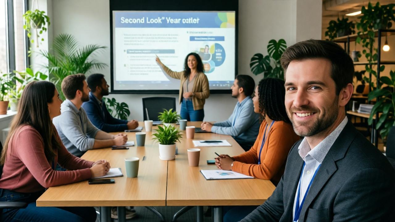 A hopeful, inspiring scene one year later. Sarah, now in a leadership role, stands at the head of a conference room, pointing to a presentation slide about the 'Second Look' community program. A diverse group of engaged employees listens. In the foreground, Arthur watches from the side, a proud, faint smile on his face. The room is bright and modern, filled with plants and collaborative spaces. The mood is optimistic and forward-looking, with warm, natural lighting. The composition uses leading lines from the tables to focus on Sarah, symbolizing the passing of the torch and the positive legacy of the test.