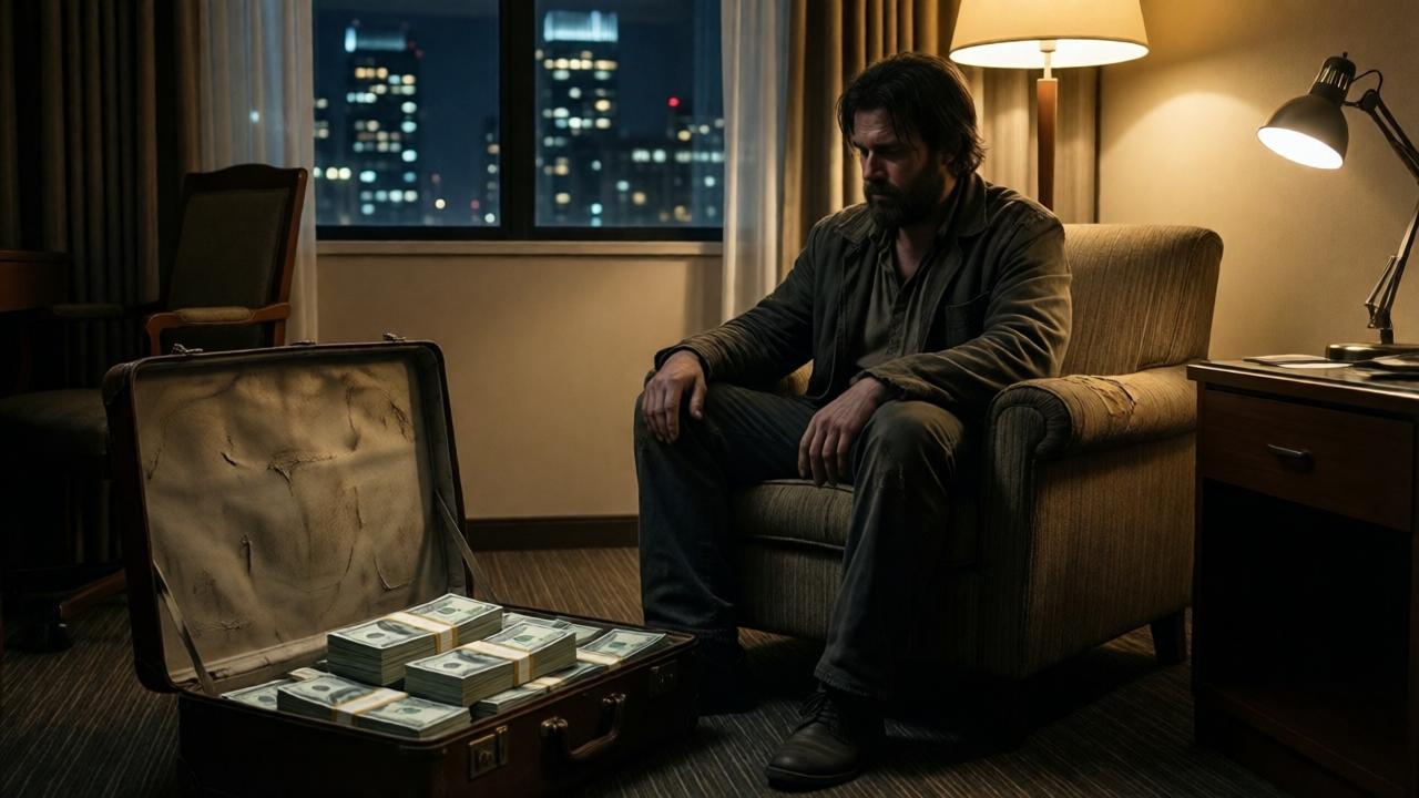 A cinematic scene inside a modest hotel room. A man in dirty, tattered clothes sits in a worn armchair, silhouetted against a window showing city lights at night. An old, dusty suitcase sits open on the floor beside him, revealing neatly stacked bundles of hundred-dollar bills, a stark contrast to his appearance. The mood is contemplative and tense. Lighting is low, with a single desk lamp casting a warm, focused pool of light on the money, leaving the man's face in thoughtful shadow. Colors are muted browns and grays, punctuated by the green of the currency. Composition is intimate, shot from a low angle to emphasize the suitcase's contents.