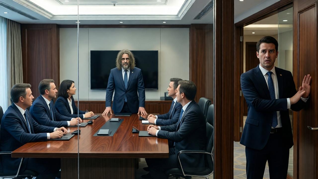 A dramatic reveal in a luxurious hotel boardroom. A man formerly dressed as a homeless person now stands at the head of a polished mahogany table, wearing an impeccably tailored dark suit. His executive team sits around the table. Through the glass wall of the boardroom, the hotel manager is visible in the corridor, his face a mask of stunned horror and dawning recognition, his hand frozen mid-knock on the door. The mood is tense and powerful. Lighting is bright and clinical from recessed ceiling lights. Colors are rich woods, deep blues, and stark whites. Composition uses the glass wall as a frame within a frame, focusing on the manager's reaction.
