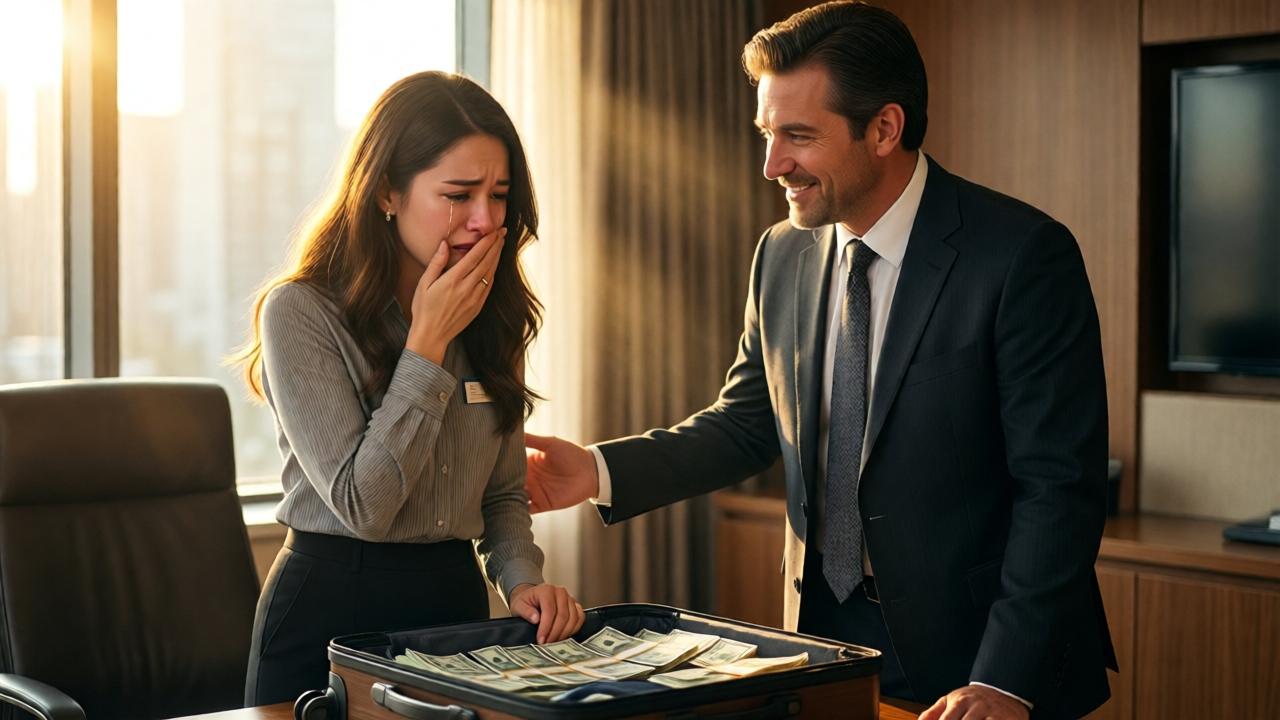 An emotional moment in the boardroom. The young receptionist, Sarah, stands with one hand over her mouth, tears of shock and relief in her eyes, looking at the open suitcase on the table. The transformed hotel owner stands beside her, offering a gentle, approving smile. Sunlight streams through the windows, illuminating the scene with a hopeful, warm glow. The mood is one of vindication and new beginnings. Colors are warm and golden. Composition focuses on the connection between the two people, with the money in the suitcase as a secondary, symbolic element in the foreground.