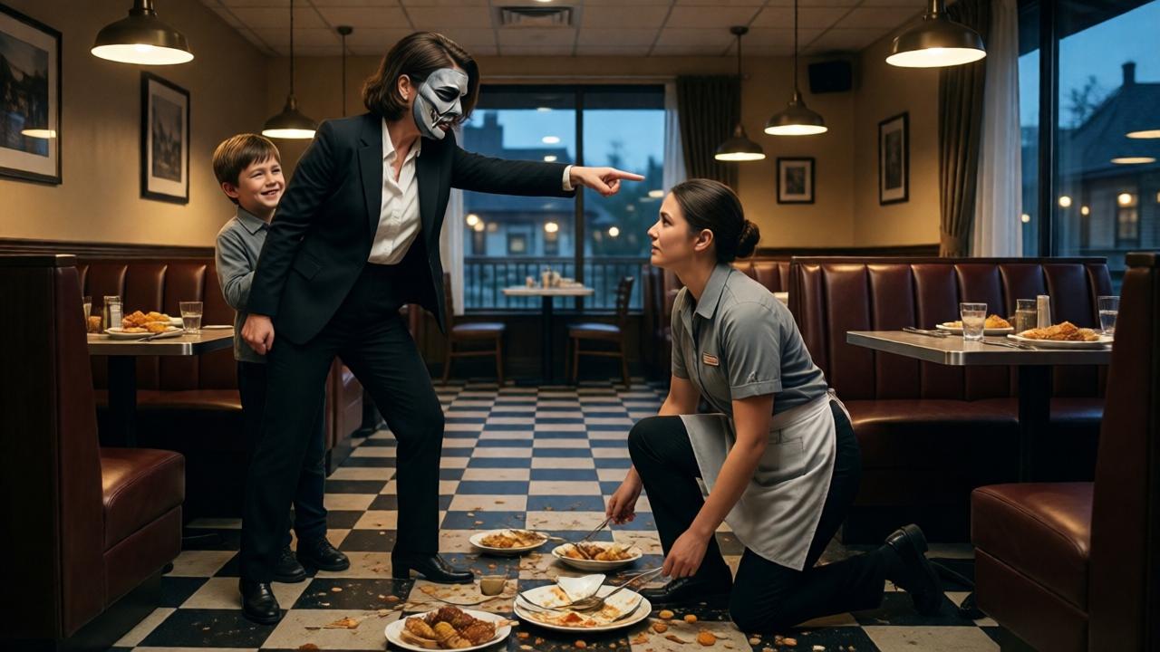 A dramatic scene in a mid-tier family restaurant, dim evening lighting from pendant lamps. A well-dressed woman stands aggressively, pointing a finger, her face a mask of outrage. A young boy smirks behind her. A waitress in a simple uniform is on one knee, surrounded by spilled food and a broken plate on a checkered floor. The composition uses a wide-angle perspective to capture the tense confrontation and the messy aftermath. Moody, high-contrast lighting emphasizes the conflict.