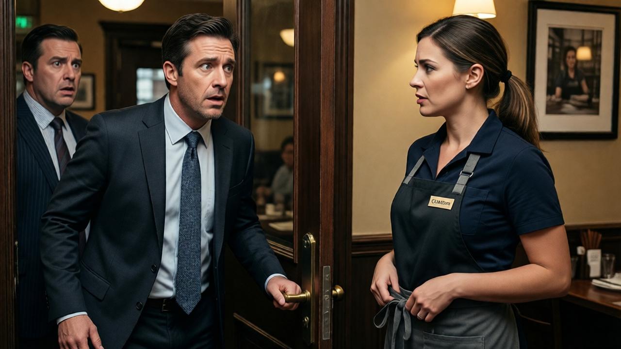 A powerful moment of revelation in the restaurant. A man in a business suit has just entered, his hand frozen on the door handle, his expression one of utter shock and recognition. He is looking at the waitress (Carolyn), who stands calmly, holding her apron. The entitled mother is caught mid-sentence, her confident posture crumbling into confusion. The manager looks horrified. The lighting focuses on Carolyn's composed face, highlighting her shift from employee to authority. Cinematic, dramatic style.