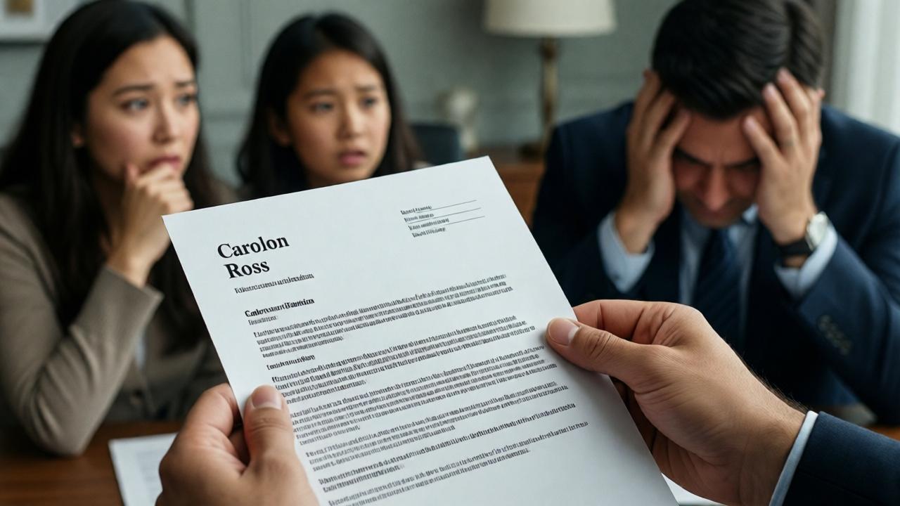 Close-up shot of Carolyn Ross's hands holding a small, official-looking memo with a corporate letterhead. The text is partially visible, highlighting words like 'undercover evaluation', 'authority', and 'termination'. In the soft background blur, the entitled family looks on in stunned defeat, and the former manager has his head in his hands. The focus is on the paper, symbolizing the turning of tables and the real power behind the apron. Soft, focused lighting on the document.