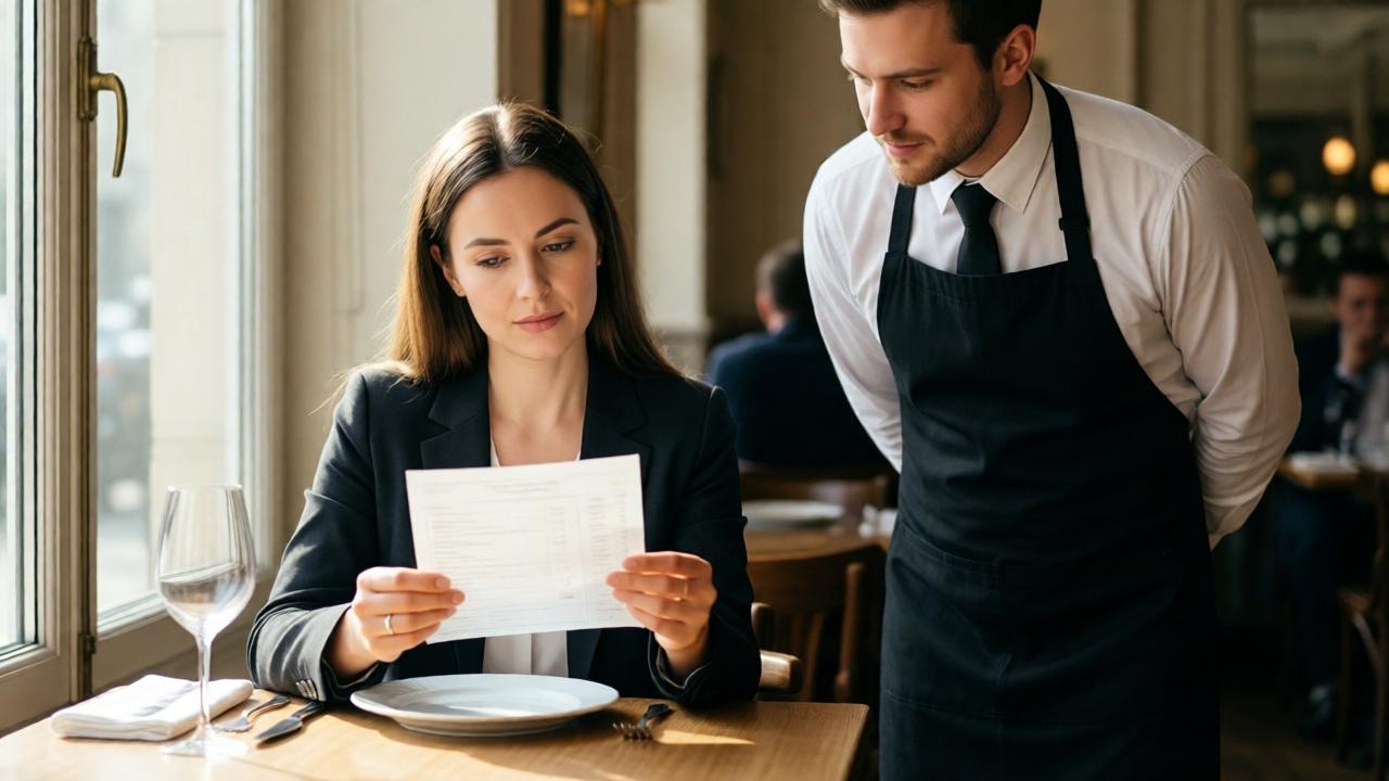 A medium shot inside an elegant, softly lit bistro at midday. A woman in a blazer sits at a wooden table, holding a restaurant bill with a look of thoughtful scrutiny. A young, professional waiter in a neat black apron stands respectfully nearby, his expression calm and open. Sunlight filters through a window, highlighting the simple table setting—a plate, a wine glass, a napkin. The mood is one of quiet revelation and clarity. Cinematic lighting, shallow depth of field focusing on the bill and their expressions, warm natural tones.