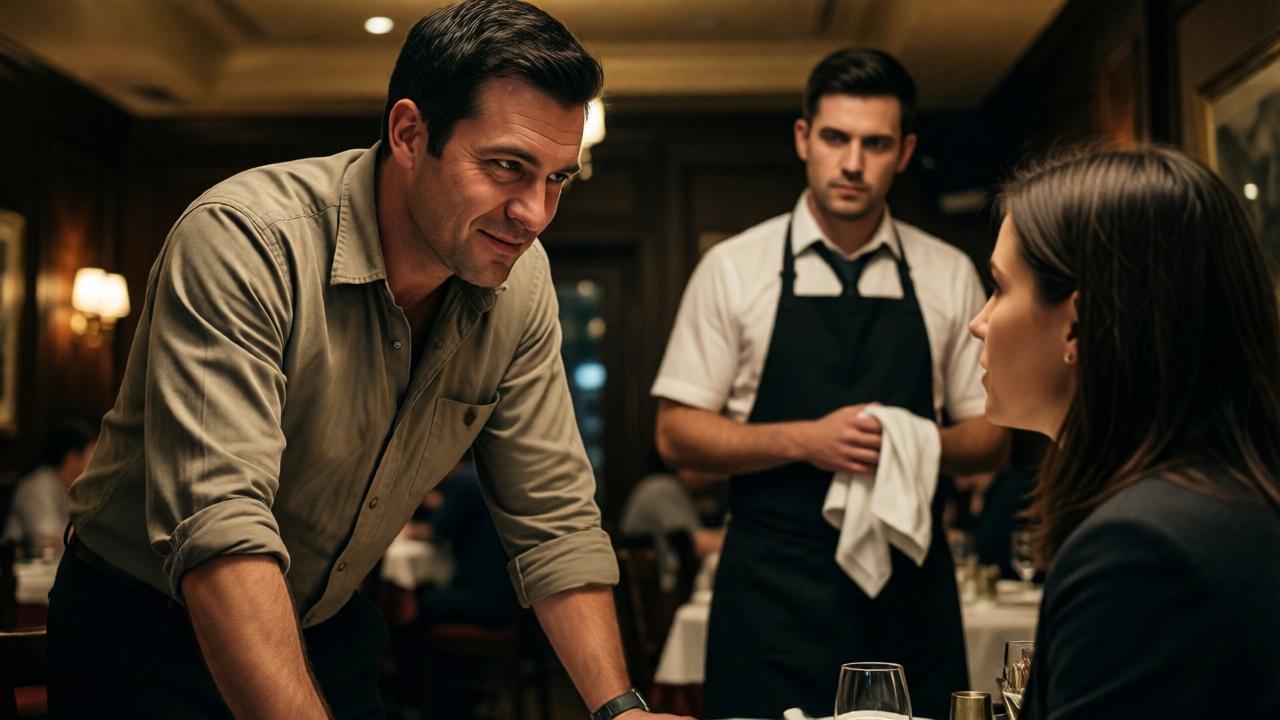 A tense scene in a restaurant. In the foreground, a smug waiter in a slightly rumpled uniform leans over a table, talking to a seated woman. In the background, slightly out of focus, the honest waiter pauses his work, cloth in hand, listening silently. The body language is confrontational; the first waiter gestures dismissively. Moody, dramatic lighting with shadows, highlighting the contrast between the two figures. Shot from a low angle to emphasize the tension, color palette of deep browns and golds.