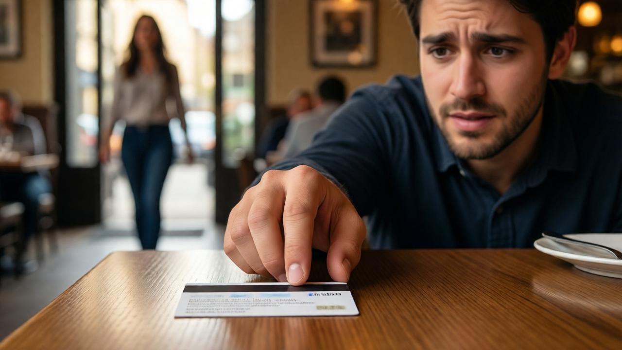A powerful, emotional close-up shot. A business card rests on a wooden restaurant table. A young man's hand is reaching towards it, slightly trembling, his expression one of stunned hope and disbelief. In the soft background bokeh, the woman is seen walking away confidently, her silhouette outlined by the light from the entrance. The focus is on the card and the hand, symbolizing opportunity and a turning point. Warm, hopeful lighting, shallow depth of field, evocative and cinematic style.