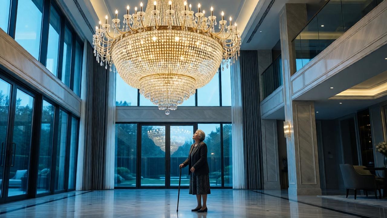 A cinematic wide shot of an elderly woman with a cane standing in the vast, opulent foyer of a modern billionaire's mansion. She is looking up, dwarfed by a gigantic, glittering crystal chandelier. The style is photorealistic with dramatic lighting, cold blue tones from large windows contrasting with the warm gold of the chandelier. The composition emphasizes her small, solitary figure against the overwhelming scale and sterile luxury of her son's home. Perspective from a low angle to enhance the feeling of awe and alienation.