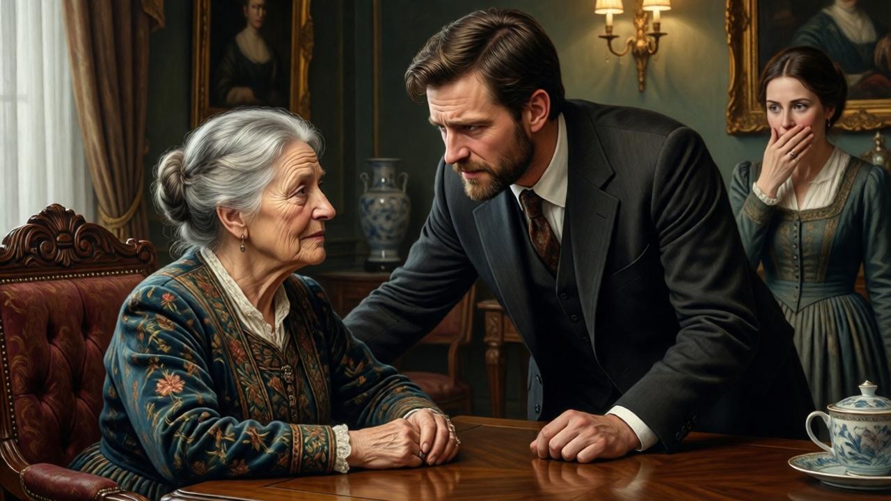 An emotional scene where an elderly woman sits calmly at a grand table, speaking with quiet authority to her son who stands over her, his arrogant posture beginning to crumble into shame. His wife is in the background, a hand over her mouth in realization. The mood is one of devastating revelation. Lighting is softer now, focusing on the mother's face, which is lined with pain but also relief. The style is a detailed oil painting, rich in texture, with warm tones contrasting the earlier coldness. Composition uses the lines of the table to lead the viewer's eye to the central, powerful exchange.