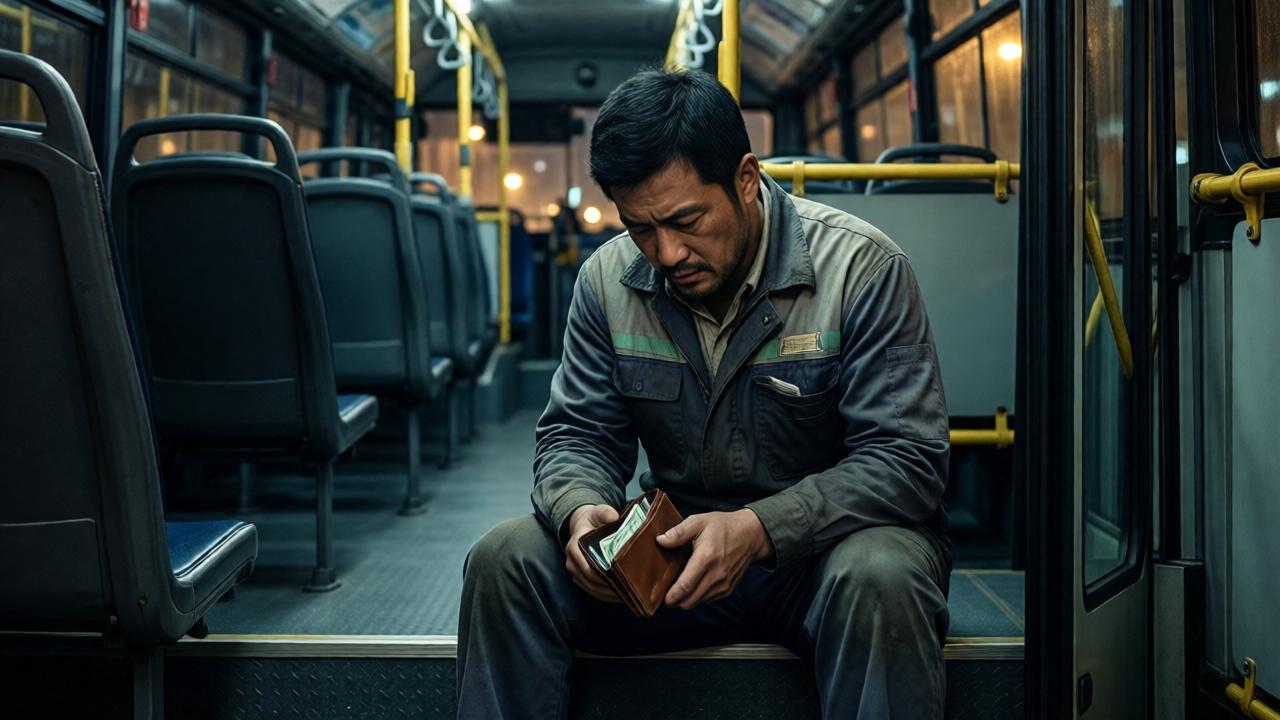 A cinematic scene inside a dimly lit, empty city bus at night. A man in worn cleaner's uniform sits on the steps by the open door, head bowed, holding a leather wallet. The wallet is slightly open, revealing the edge of banknotes. Moody, high-contrast lighting from the bus's interior lights casts dramatic shadows on his tired, conflicted face. The composition is intimate, shot from a low angle, emphasizing his solitude and the weight of his decision. Color palette: deep blues, muted golds from the light, and the stark black of the empty seats.