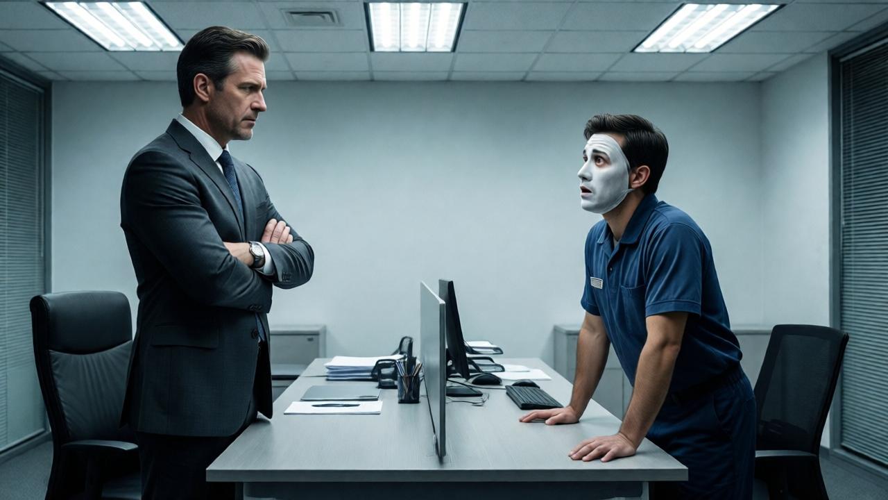 A tense confrontation in a stark office. A powerful businessman in an expensive suit stands with arms crossed, his expression cold and disappointed. Before him, a humble cleaner in a uniform looks up, his face a mask of shock and pleading. A large desk separates them. Lighting is harsh and clinical from overhead fluorescents, creating sharp lines and deep shadows. The composition uses the desk as a barrier symbolizing the class divide. Color palette: cool grays, sterile whites, and the muted blue of the cleaner's uniform.