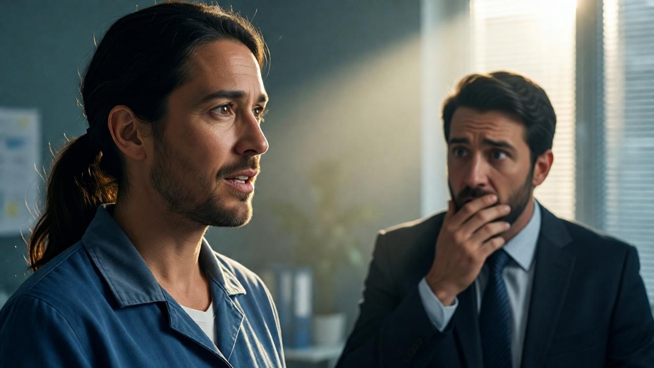 A dramatic moment of revelation. The cleaner stands tall, speaking with quiet conviction to the astonished businessman. The dishonest employee is visible in the background, frozen in panic, a hand half-raised to his mouth. The focus is on the cleaner's honest, earnest face and the dawning realization on the businessman's. Lighting shifts, with a beam of morning light from a window breaking the clinical gloom, symbolizing truth emerging. Composition uses the rule of thirds, placing the two main figures off-center. Color palette: warm light cuts through cool tones, highlighting faces.