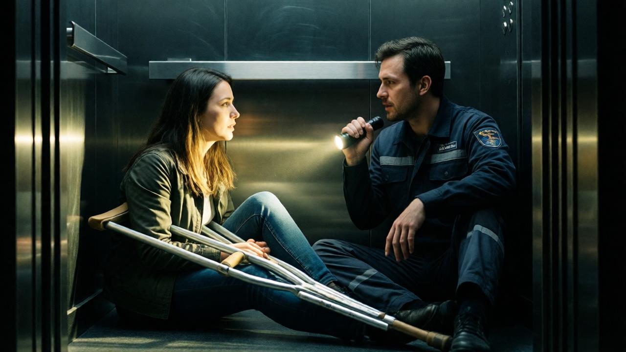A dramatic, cinematic scene inside a dark, stalled elevator. A woman sits on the floor, her crutches across her lap, illuminated by the soft, focused beam of a flashlight held by a man in a maintenance uniform sitting beside her. The lighting is high-contrast, with deep shadows emphasizing their isolation. The mood is intimate and vulnerable. The composition is a medium close-up from a low angle, capturing their profiles and the raw emotion on the woman's face as she speaks. The color palette is muted blues and grays with a warm, golden light at the center.