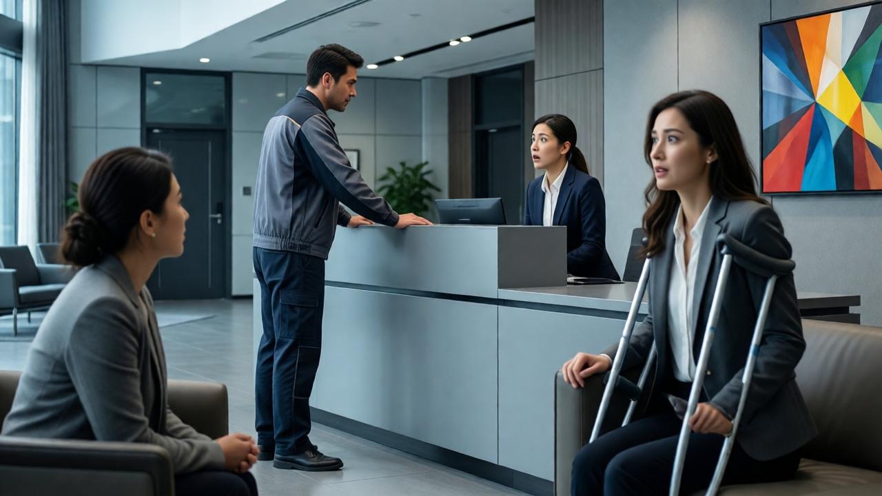 A powerful scene in a modern corporate lobby. A man in a maintenance uniform stands authoritatively at a sleek reception desk, confronting a shocked receptionist. In the foreground, a woman with crutches watches from a seating area, her expression a mix of hope and astonishment. The lighting is bright and corporate, with clean lines and a minimalist aesthetic. The mood is tense and revelatory. The composition uses leading lines of the lobby architecture to focus on the interaction at the desk, with the woman as a key emotional focal point. Colors are cool grays and whites with a pop of color from a piece of modern art on the wall.