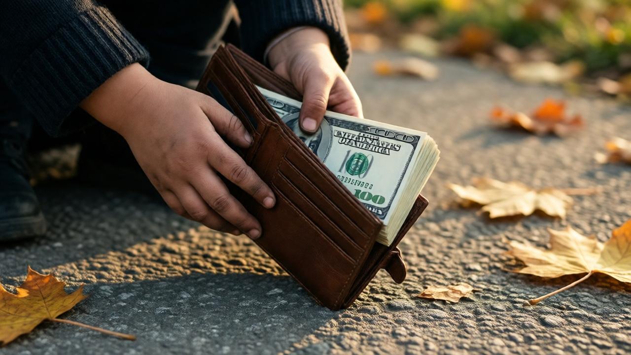 A cinematic close-up of a little girl's hands, slightly dirty and small, holding a luxurious brown leather wallet on a gray concrete sidewalk. Autumn leaves are scattered around. The focus is on her trembling fingers and the partially opened wallet, revealing the edge of thick stacks of hundred-dollar bills. The lighting is soft, late afternoon sun creating long shadows and a golden hue, highlighting the contrast between wealth and poverty. The mood is tense and decisive. Shot from a low angle to emphasize the weight of the moment.
