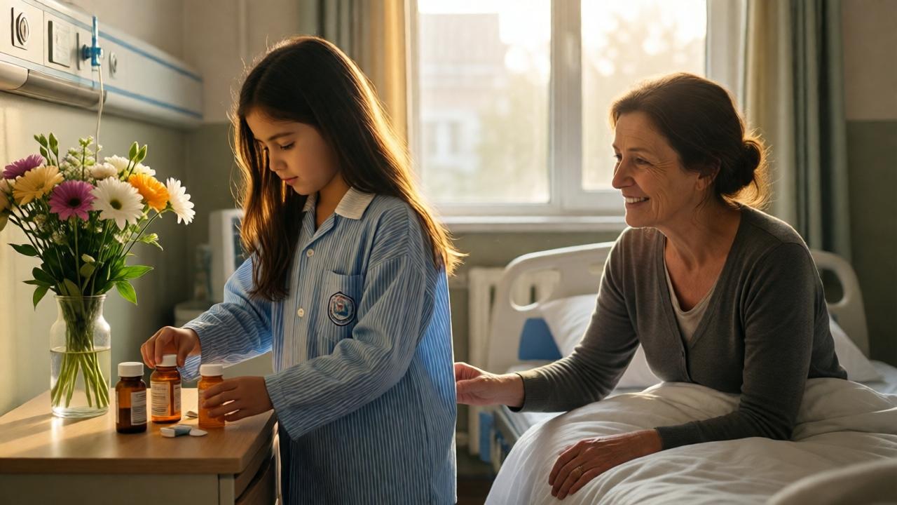 An emotional scene in a modest hospital room. A young girl, Ava, now in a clean, new school uniform, is carefully placing medicine bottles and a vase of fresh flowers on a bedside table. Her mother, looking frail but smiling softly, reaches out a hand from the bed. Warm, hopeful morning light streams through a window, illuminating dust motes and casting a gentle glow on their faces. The mood is one of relief, new beginnings, and quiet joy. The composition is intimate, focusing on the connection between mother and daughter.
