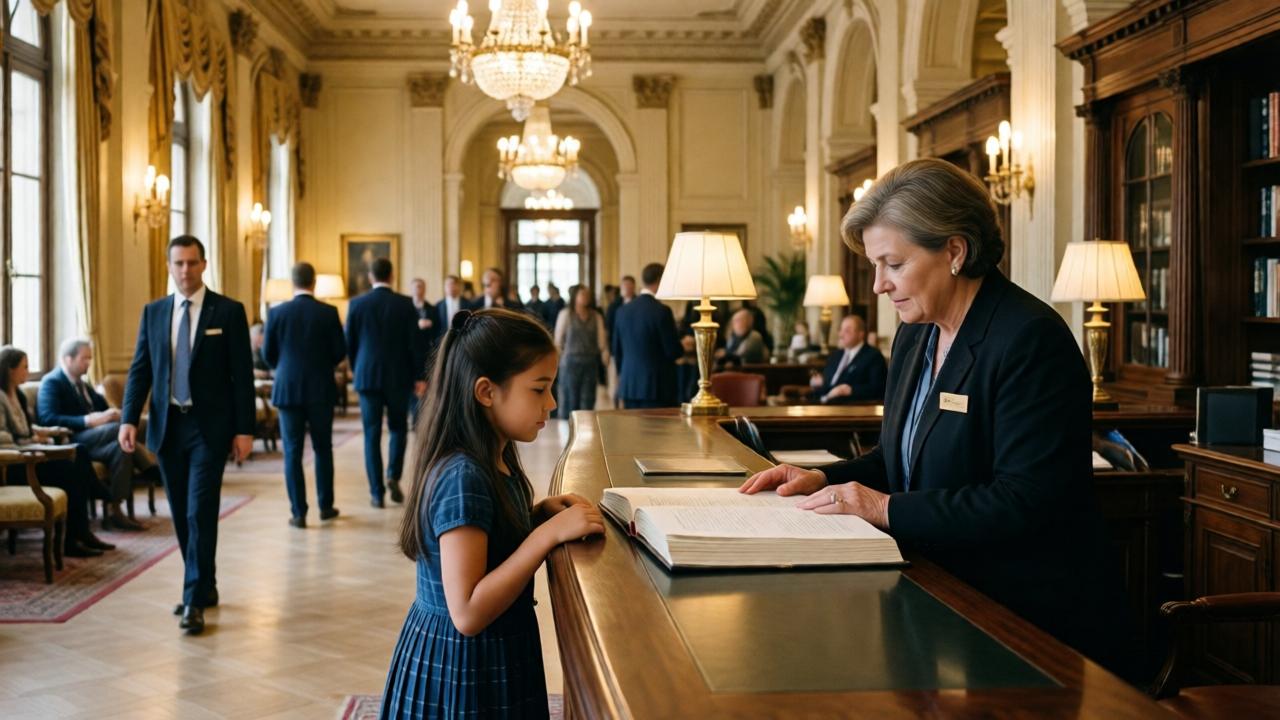 A wide shot inside the elegant, bustling lobby of a grand historic hotel. A young girl, Ava, stands beside an older, professional woman (a concierge) at a polished mahogany desk. They are looking over a large book or ledger together. The girl is dressed neatly, observing with keen interest. The lobby features high ceilings, chandeliers, and well-dressed guests. The lighting is warm and inviting, emphasizing mentorship and new opportunities. The perspective is from across the lobby, capturing the scale of the new world she is entering.