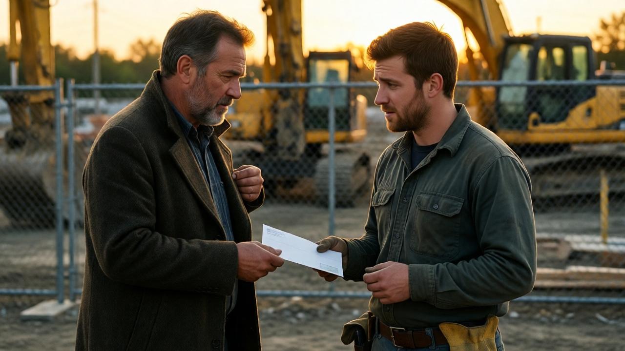 A quiet, poignant moment at dusk. Walter Grimes reaches into his coat pocket and hands a sealed white envelope to a young construction worker, Jesse. Jesse looks confused but respectful, his work gloves tucked into his belt. The scene is lit by the golden hour sun, casting a warm glow on their faces. In the soft-focus background, silent yellow construction equipment sits idle behind a chain-link fence. The mood is solemn and significant, a private transaction amidst a stalled project.