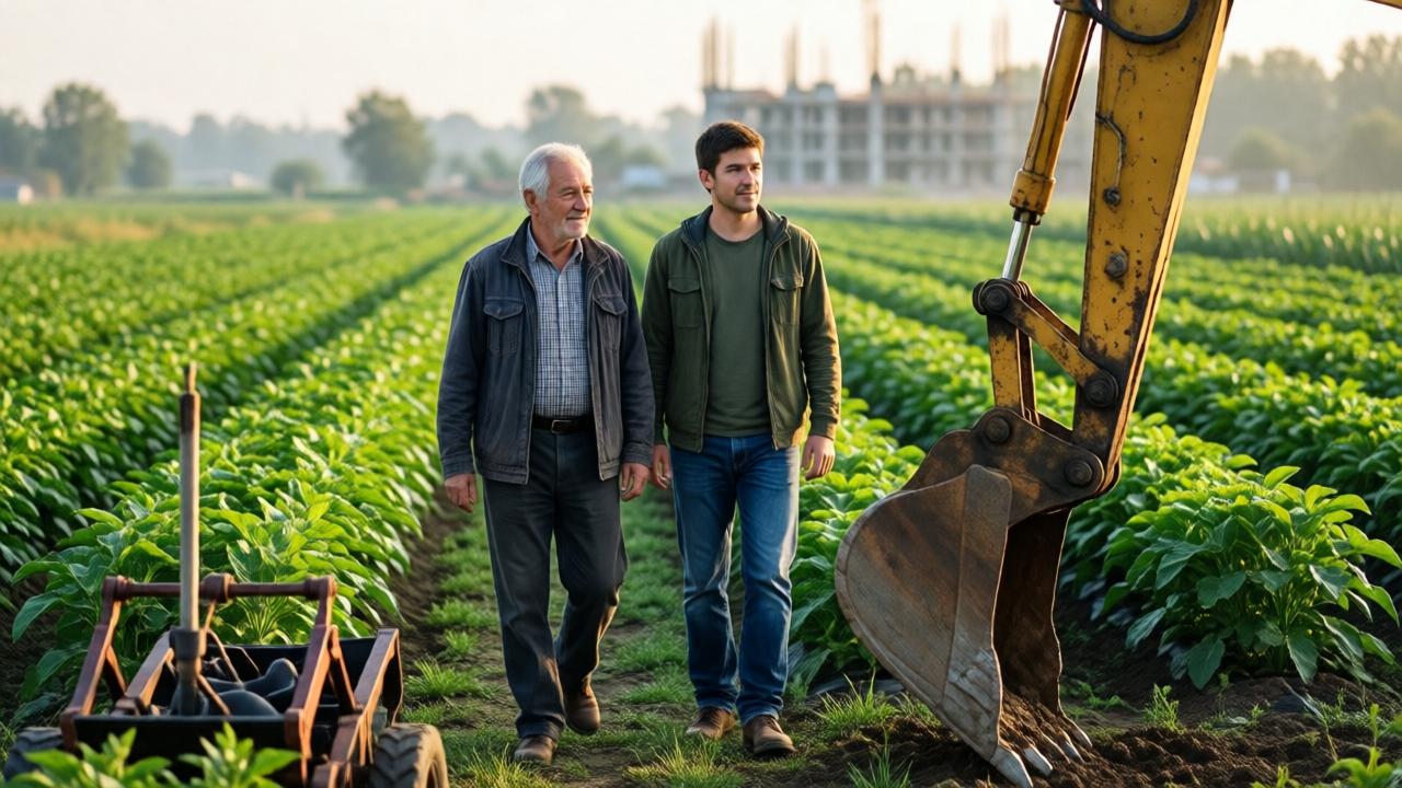 A symbolic scene one year later. An older man and a younger man walk together through a thriving, new organic farm field at sunrise. Rows of crops are visible, with old, repurposed construction equipment like a digger bucket now used as a planter in the foreground. The mood is hopeful and peaceful, with soft morning light and vibrant green colors. The composition shows them as partners, looking forward, with the contentious development site now a memory in the distant, blurred background.