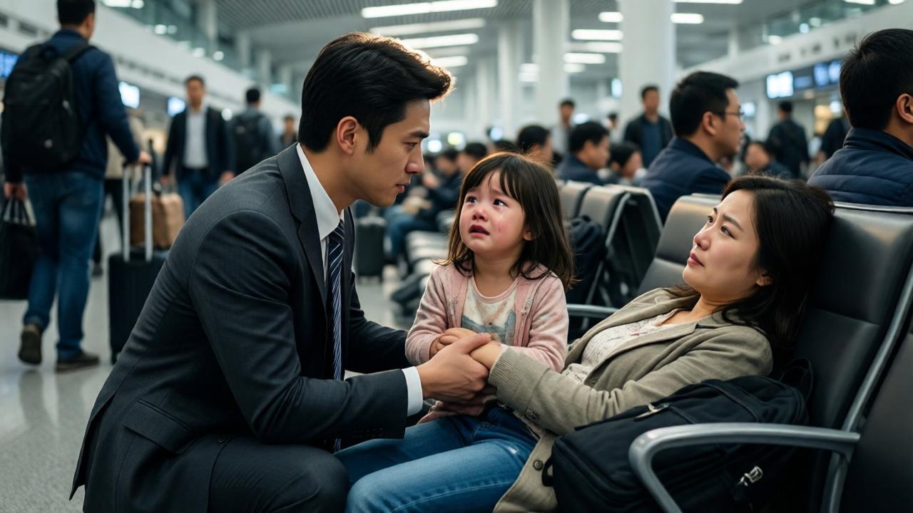 A poignant scene in a bustling airport terminal. A well-dressed young man in a suit kneels beside a bench where a woman lies unconscious. A small girl with tear-streaked cheeks clutches his arm, looking up at him with desperate hope. The background is blurred with rushing travelers and luggage. The lighting is harsh fluorescent, casting sharp shadows, but a soft, focused light highlights the trio. The composition is intimate, shot from a low angle to emphasize the child's perspective. The mood is tense yet compassionate.