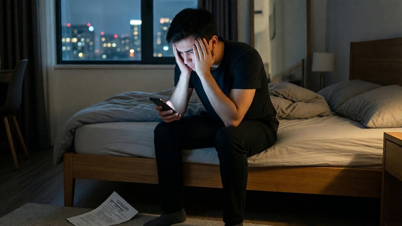 A quiet, emotional scene in a dimly lit apartment at night. A young man sits on the edge of an unmade bed, head in his hands, a crumpled eviction notice on the floor beside him. The only light comes from his phone screen, which illuminates his tired but determined face. Through the window, city lights glow softly. The style is realistic and cinematic, with a mood of reflective solitude and resilience. The composition is a medium close-up, focusing on the contrast between his personal defeat and the phone representing a connection to others.