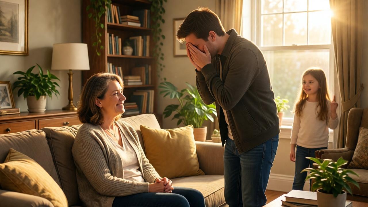 A warm, hopeful scene in a sunlit living room. A recovered woman in her forties sits on a comfortable sofa, smiling kindly at a young man who stands before her, one hand over his face as he is overcome with emotion. A young girl looks on from the doorway, smiling. The room is tastefully decorated, with bookshelves and plants. Morning light streams through a large window, creating a golden, optimistic atmosphere. The style is heartwarming and realistic, with a composition that captures the profound emotional exchange and new beginning.