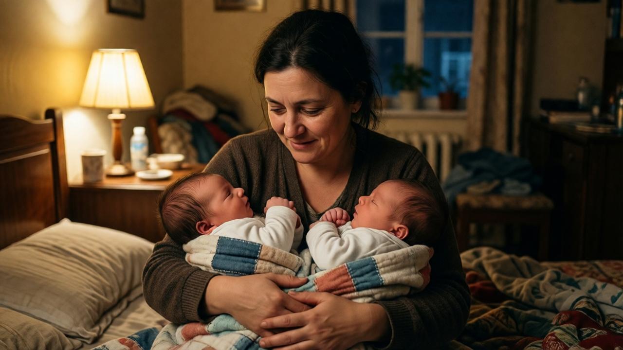 A poignant scene in a modest, warmly lit apartment at night. A woman with a kind, weary face cradles two infant twins wrapped in a clean, patched blanket. The room is small and cluttered with humble belongings but feels safe and loving. Soft light from a single lamp casts gentle shadows, highlighting the tenderness in the woman's expression as she looks down at the babies. The mood is one of fragile hope and quiet determination. Style: photorealistic, emotional realism. Colors: muted warm tones of brown, cream, and soft yellow. Composition: close-up, intimate perspective focusing on the connection between the three figures.