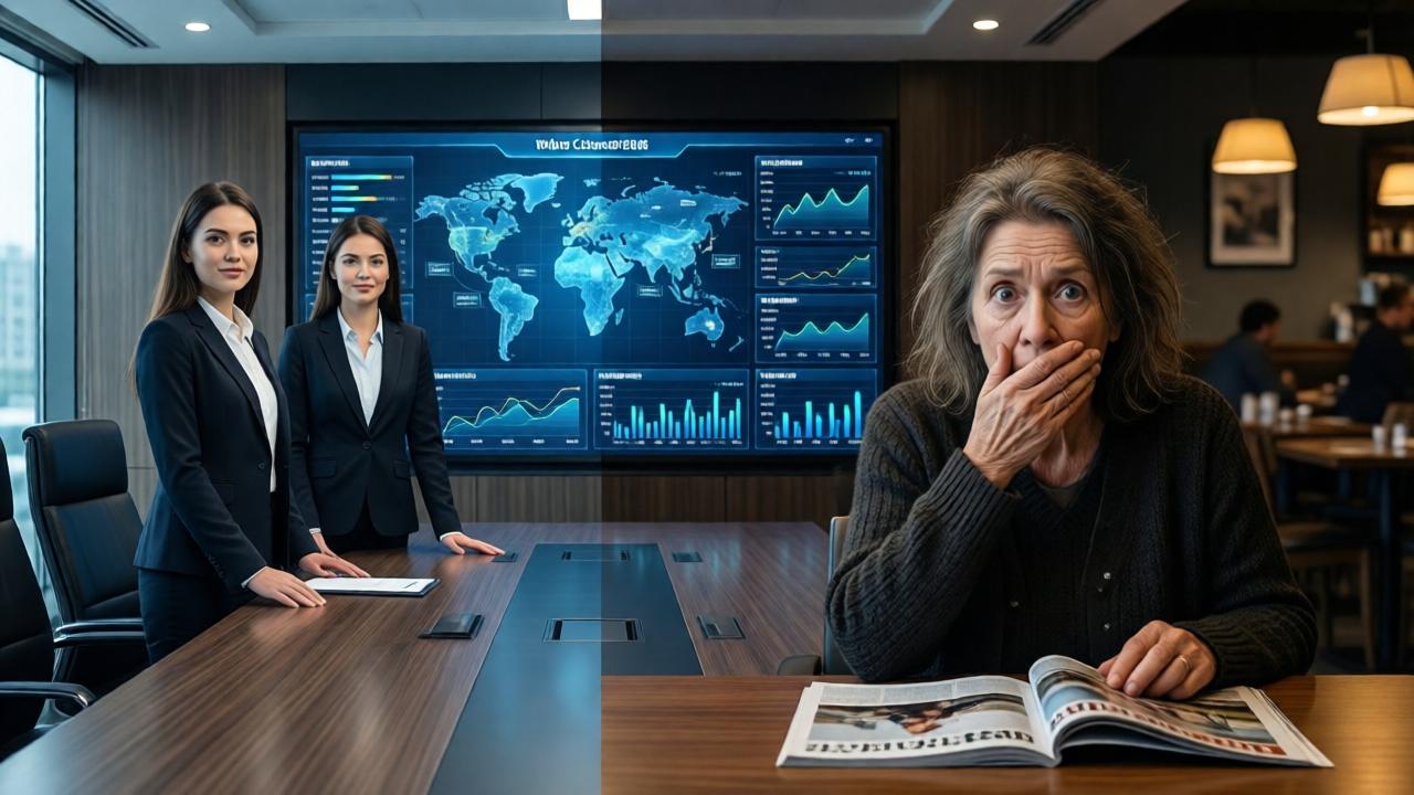 A dramatic contrast scene split into two halves. The left side shows a sleek, modern boardroom where two confident, well-dressed young women in their twenties stand before a large digital screen displaying global water clean-up data. The right side shows a disheveled, older woman in a dimly lit cafe, staring in shock at a magazine on the table, her hand over her mouth. The lighting contrasts sharply: bright, professional light on the left, and gloomy, shadowy light on the right. Style: cinematic, dramatic realism. Colors: cool blues and metallic tones on the left, warm, muted browns and yellows on the right. Composition: split-screen, emphasizing the stark difference in fortunes.