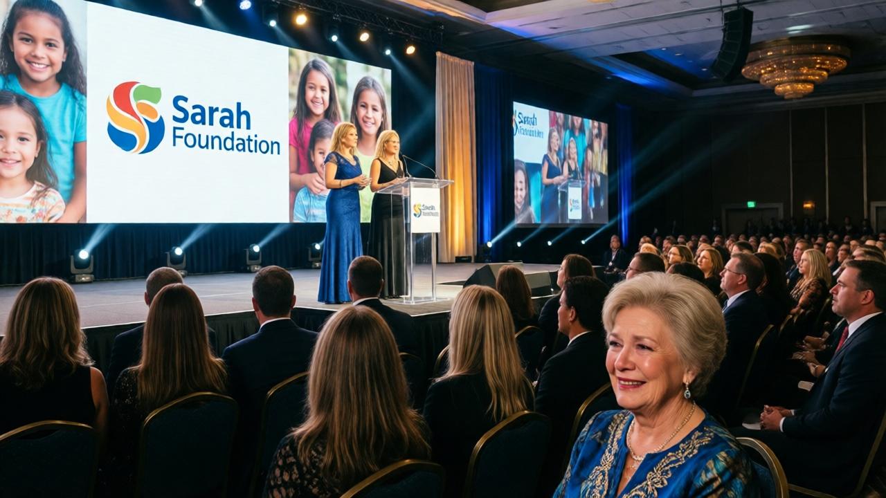 An inspiring scene at a foundation gala. Two elegant women in their prime stand at a podium on a stage, addressing a diverse, attentive audience. Behind them, a large screen displays the logo of the 'Sarah Foundation' and images of happy children. An older woman, Sarah, watches from the front row with tears of pride in her eyes. The lighting is bright and celebratory, with spotlight beams. Style: photojournalistic, aspirational. Colors: rich blues, golds, and warm stage lights. Composition: wide-angle shot capturing the scale of the event and the emotional connection between the speakers and their mother figure in the audience.