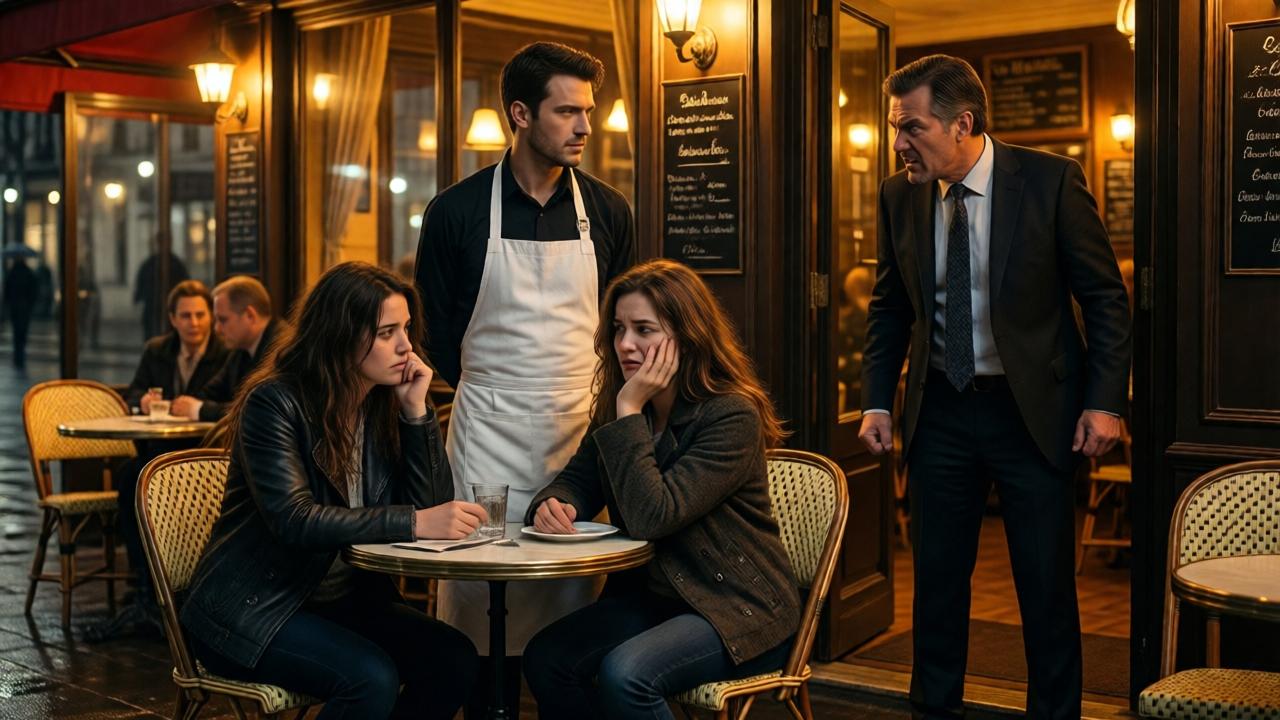 A dramatic night scene outside a cozy restaurant. A young waiter in a white apron stands protectively between two disheveled, hungry sisters seated at a bistro table and a furious manager in a suit glaring from the doorway. Warm golden light spills from the restaurant windows, casting long shadows on the wet pavement. The mood is tense and pivotal, with the waiter's posture defiant yet calm. Cinematic lighting, deep shadows, and a focus on the emotional expressions.