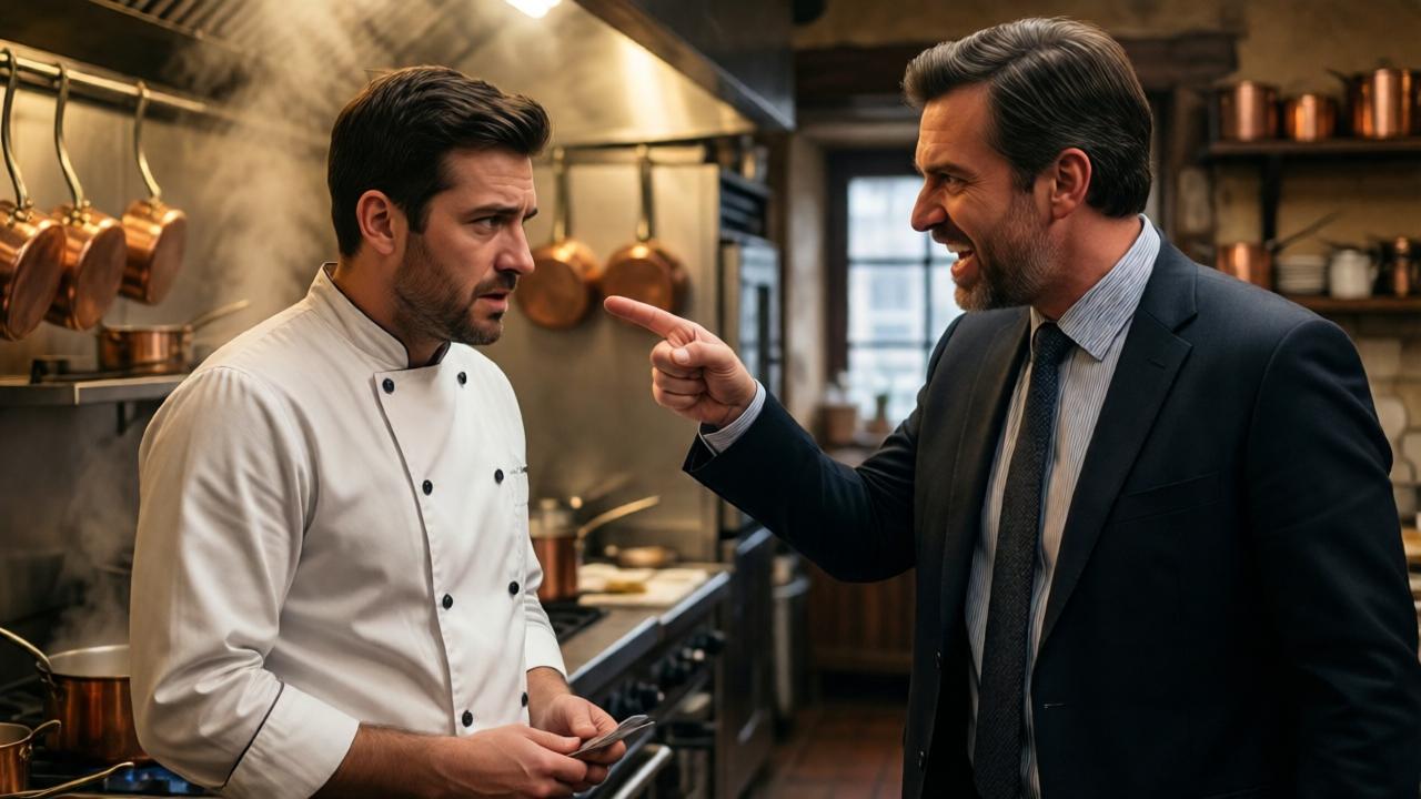 Inside a warm, rustic restaurant kitchen. A man, now in his thirties and wearing a chef's jacket, looks distressed as an angry, well-dressed landlord points a finger at him, demanding payment. Copper pots hang in the background, and steam rises from a stove. The lighting is warm but the mood is tense and anxious, highlighting the confrontation and the potential loss of the business.