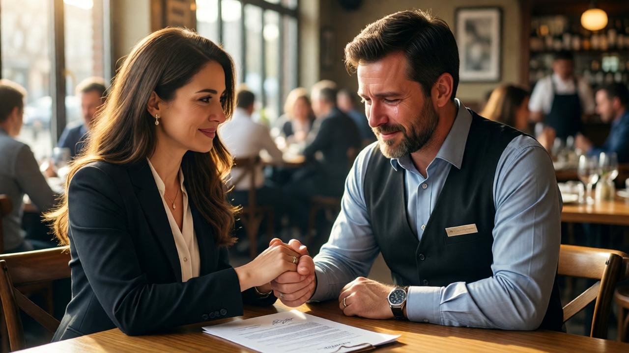 An emotional reunion inside a sunlit restaurant. A successful woman in elegant attire gently holds the hand of the former waiter, now a restaurant owner, who has tears in his eyes. A signed legal document lies on a wooden table between them. The atmosphere is one of profound gratitude, closure, and redemption, with soft, hopeful lighting and a background of a thriving, cozy dining space.