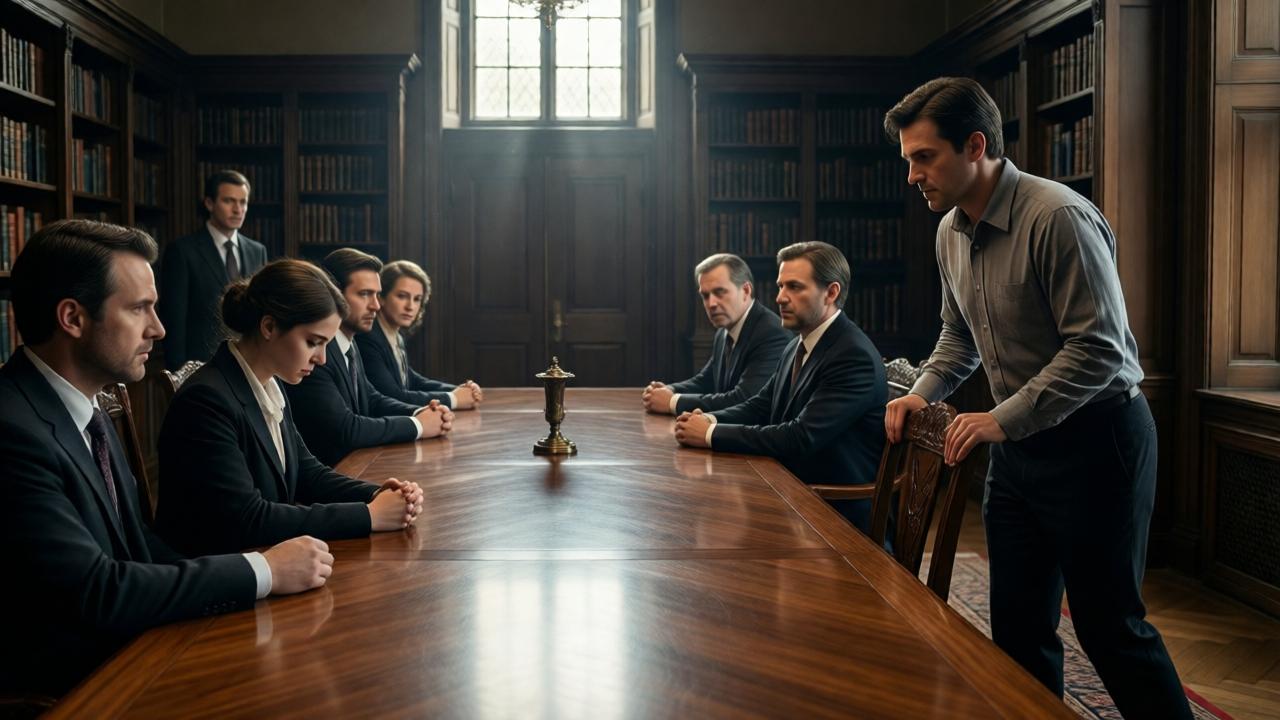 A dramatic, cinematic scene in a rich, wood-paneled library. A long, polished mahogany table is surrounded by elegantly dressed, tense family members. All eyes are on a young woman (Delia) who looks down at the table, her hands clenched in her lap. A man in a simple, neatly ironed shirt (Joel) is pushing back his chair to leave, his expression serene and unreadable. The lighting is moody, with shafts of light from a high window cutting through the dark room, highlighting the dust motes and the tension. The composition uses a wide-angle to show the isolation of the two central figures.
