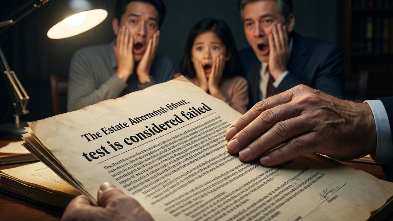Close-up on the estate attorney's hands, aged and steady, laying a thick, legal document flat on the table. The text of the final clause is in sharp focus, the words 'test is considered failed' stark against the parchment. In the blurred background, the shocked faces of the family members are visible, mouths agape, hands covering faces. The lighting is dramatic, with a single desk lamp casting a harsh, revealing light on the paper, leaving the rest of the room in deep shadow. The mood is one of devastating revelation.